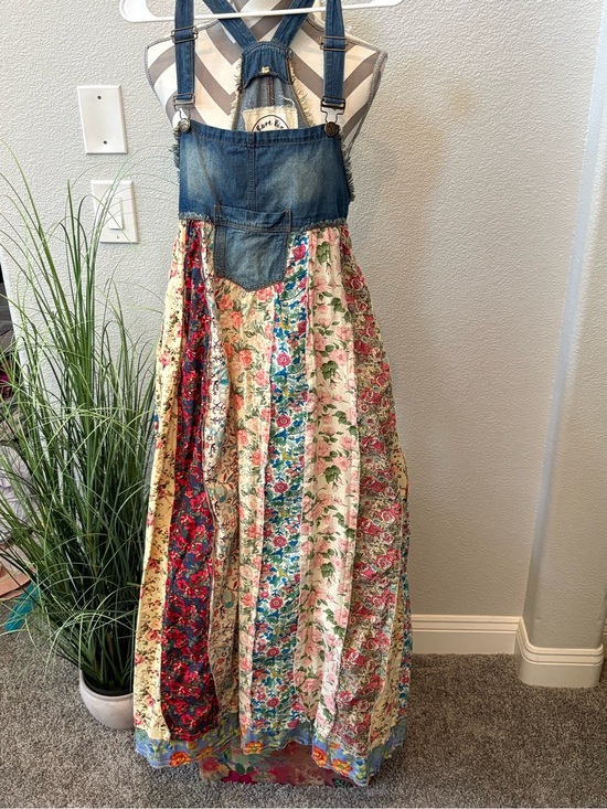 A Rare Bird Dresses & Skirts - Patchwork Floral Denim Bib Maxi Dress - Blue Floral